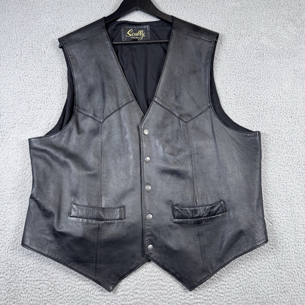 Vintage Scully Leather Vest Mens 3XL XXL Black Cowboy Ranch Rockabilly Snap